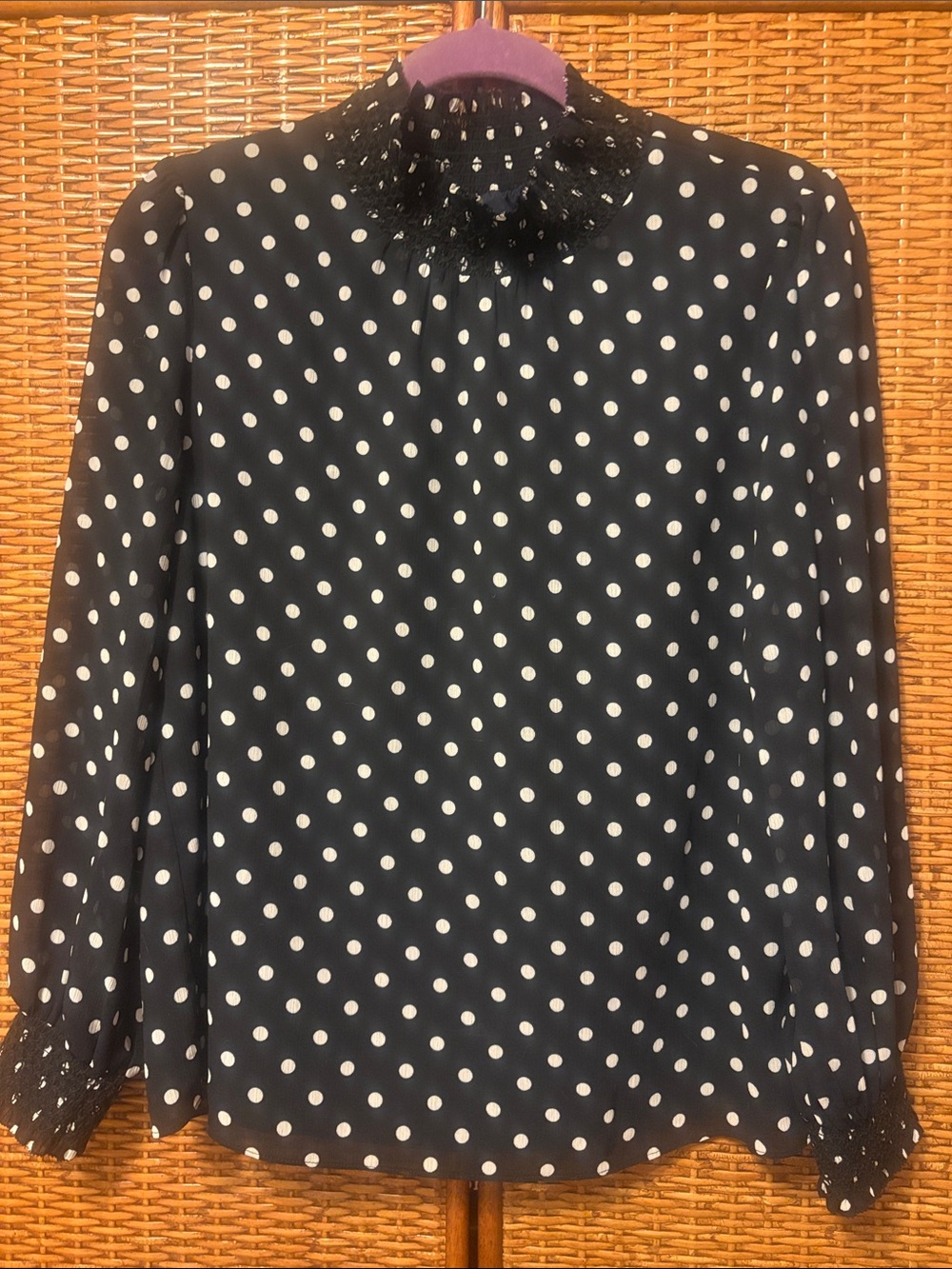 J Crew Women's Black Polka Dot Blouse with smocked collar size Small EUC